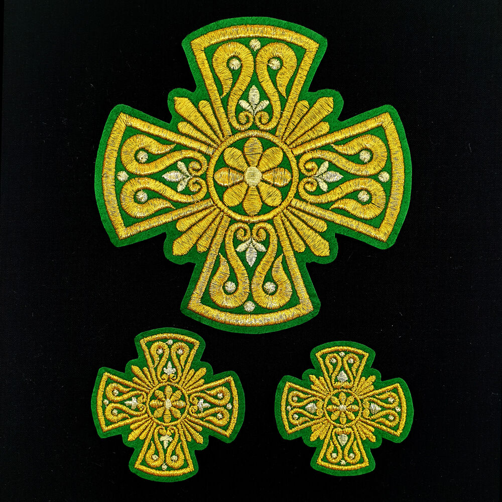 A set of embroidered crosses for the green deacon vestment (Easter)