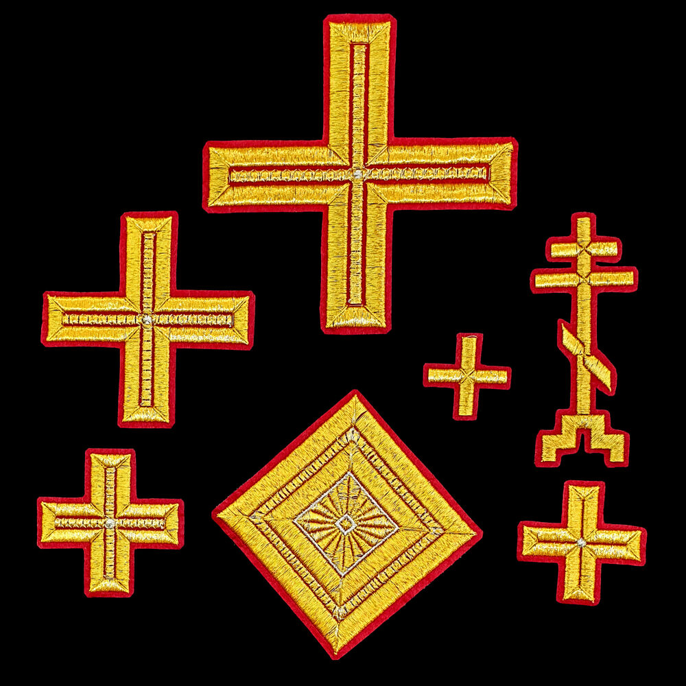 A set of priestly crosses for the Old Believer vestments (Greek) red with golden A set of priestly crosses for the Old Believer vestments (Greek) red with golden