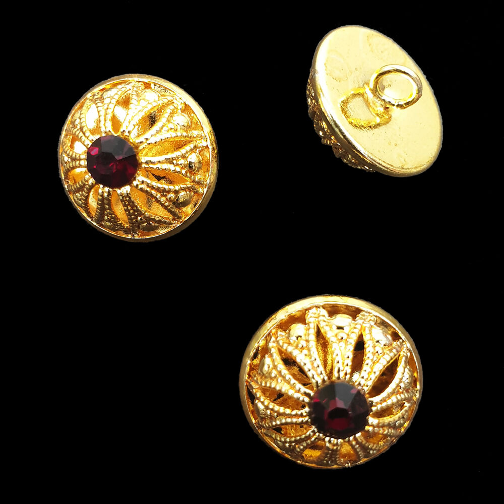 Metal Button with dark-red stone, golden color