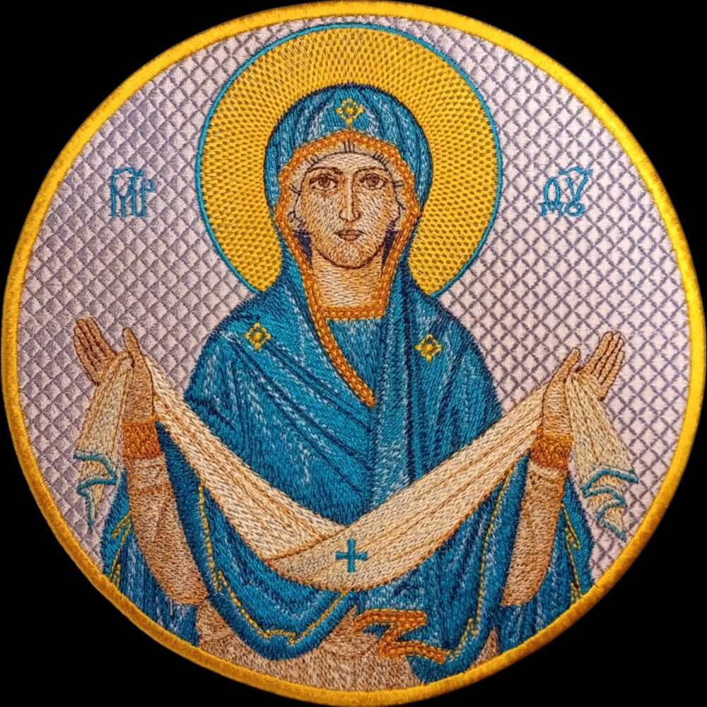 Embroidered icon (Protection of the Holy Mother of God) blue