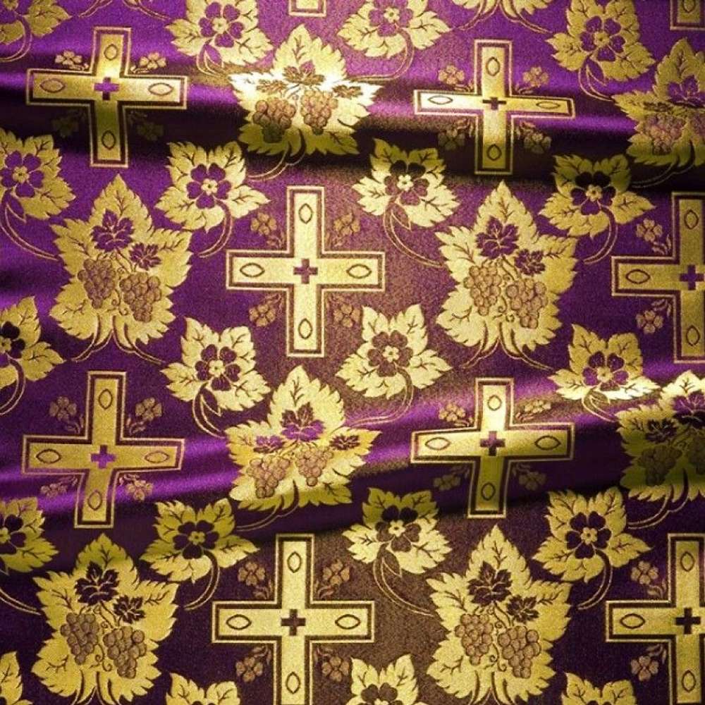 PURPLE GOLD Metallic Liturgical Cross Brocade Fabric 55 In. 