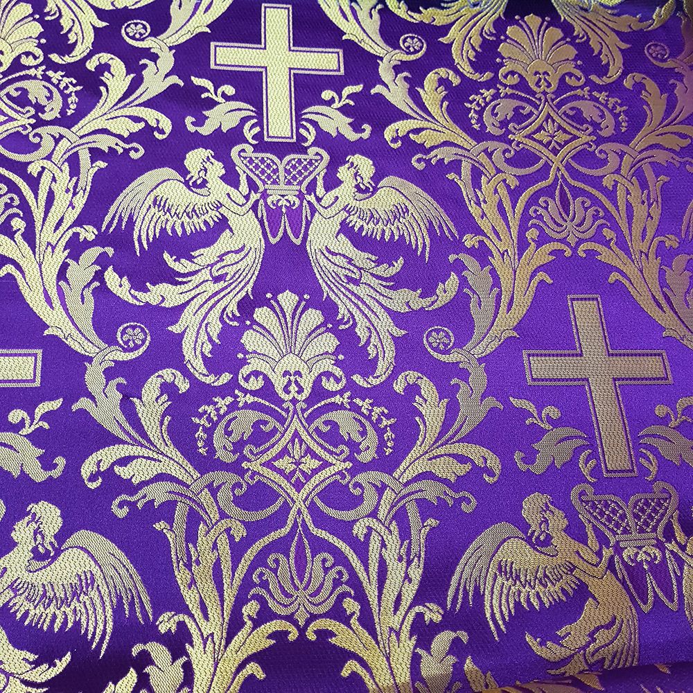 PURPLE GOLD Metallic Liturgical Cross Brocade Fabric 55 In. 