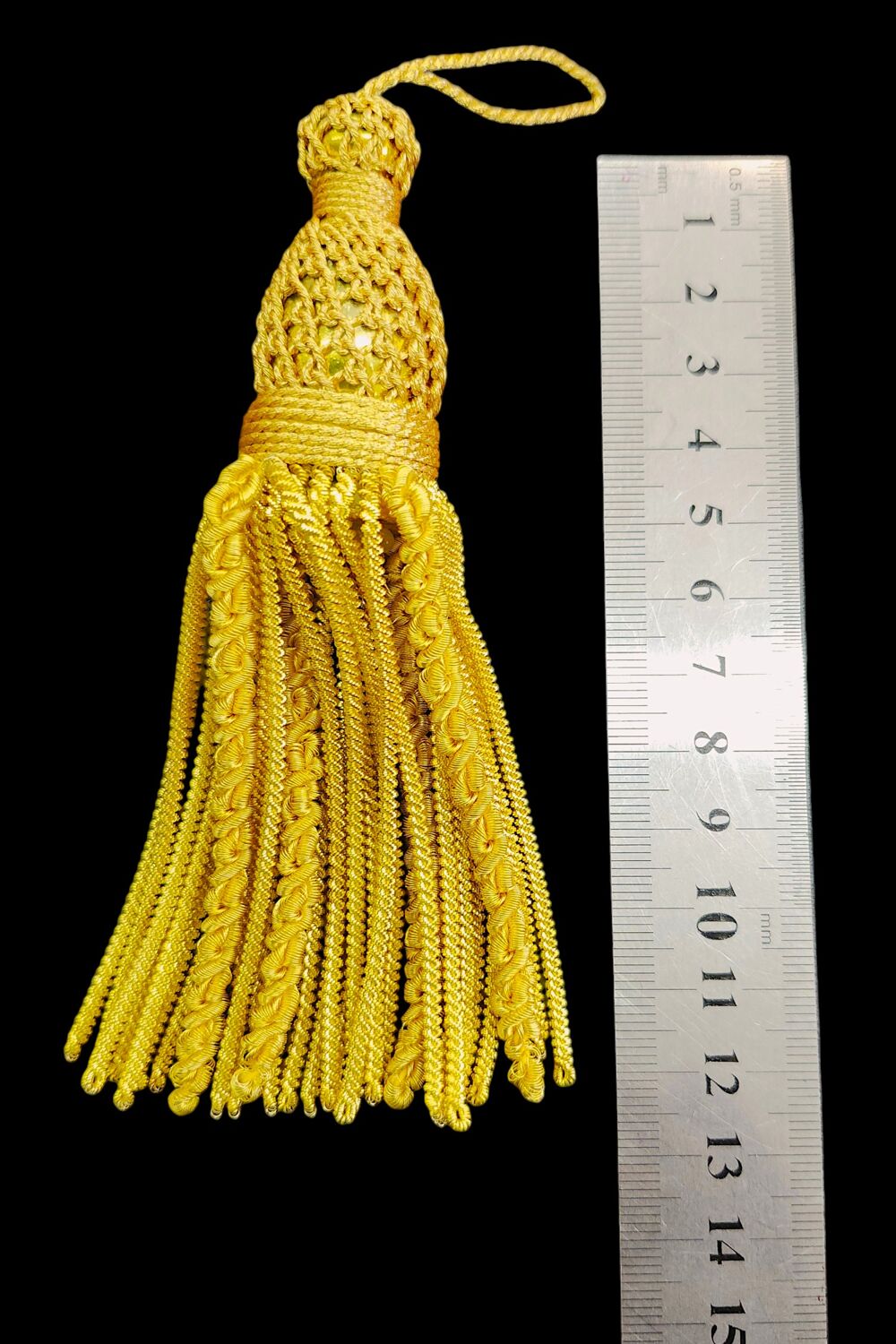 Metallic gimp tassel with curls (dark gold) for sale
