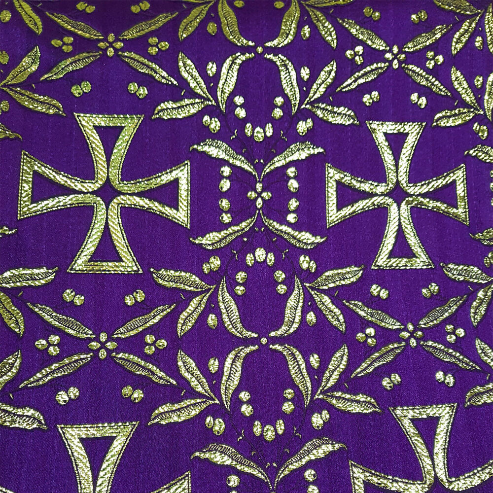 PURPLE GOLD Metallic Liturgical Cross Brocade Fabric 55 In. 