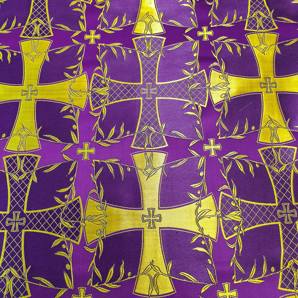 PURPLE GOLD Metallic Liturgical Cross Brocade Fabric 55 In. 