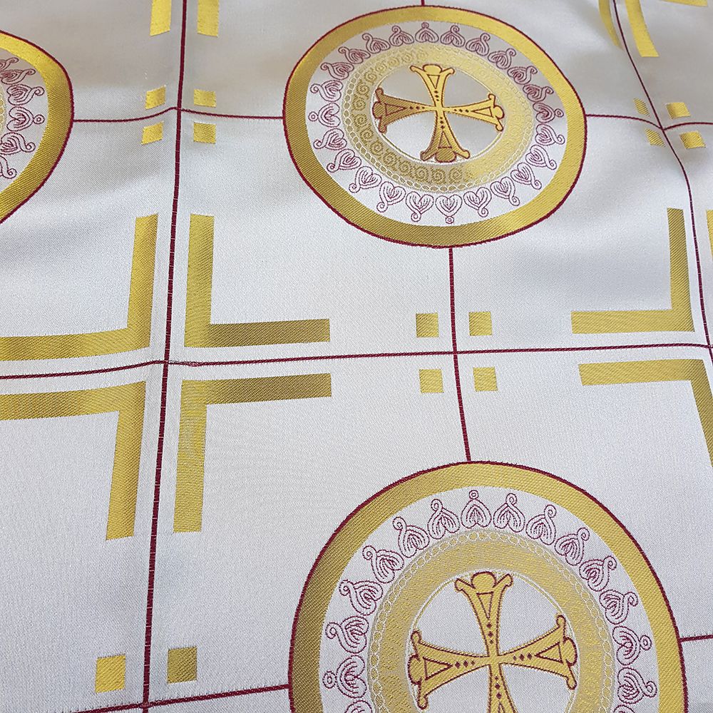 Парча греческая белая желтый контур «Колокольный звон» Парча греческая белая желтый контур «Колокольный звон»